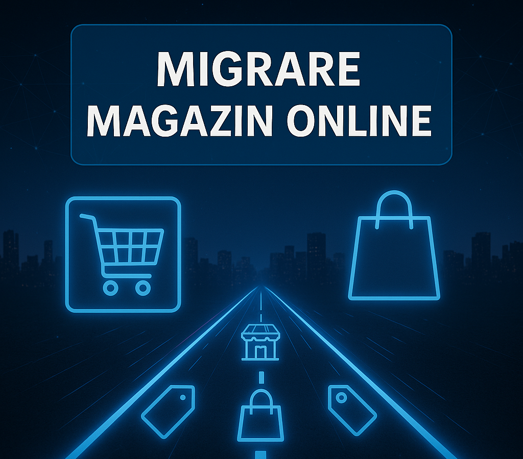 Imagine ilustrativă pentru articolul „Migrare Magazin Online”, cu iconițe luminoase de coș de cumpărături, etichete și sacoșe, reprezentând transferul digital al unui magazin online pe o platformă nouă, pe un fundal futurist albastru-neon.